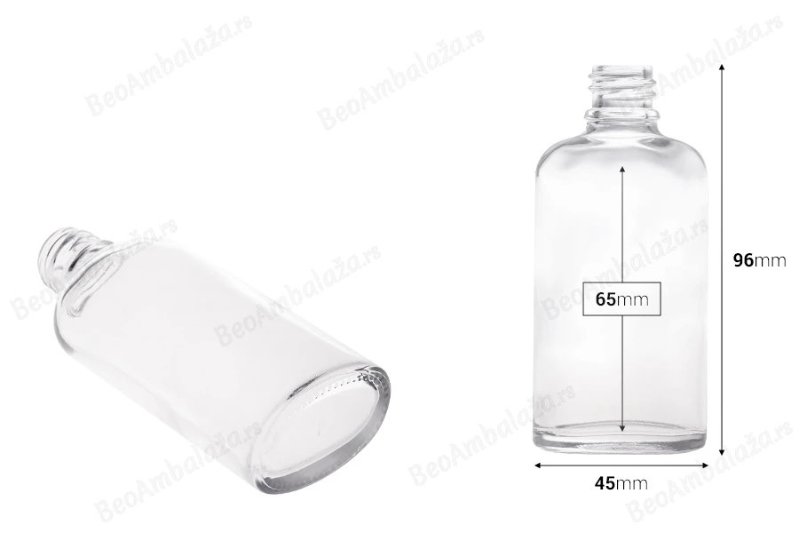 Staklena ovalna providna bočica za etarska ulja 50mL, sa grlom PP18-dimenzije_slike