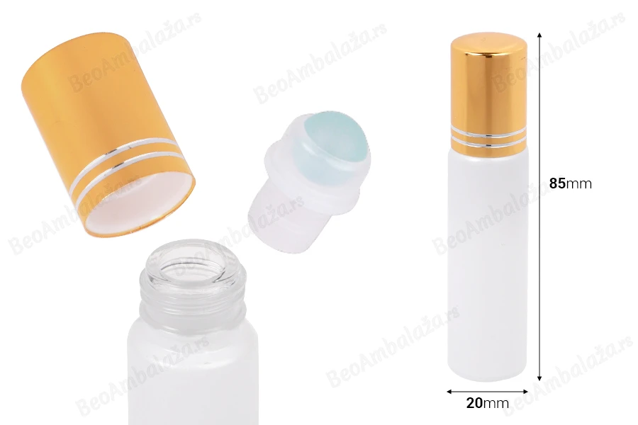Staklena bela roll-on bočica 10mL sa metalnom kuglicom-dimenzije_slike