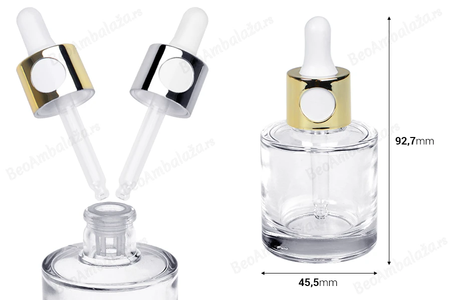 Staklena bočica 30mL sa zlatnom ili srebrnom pipetom na klik i drenažnim elementom-dimenzije_slike