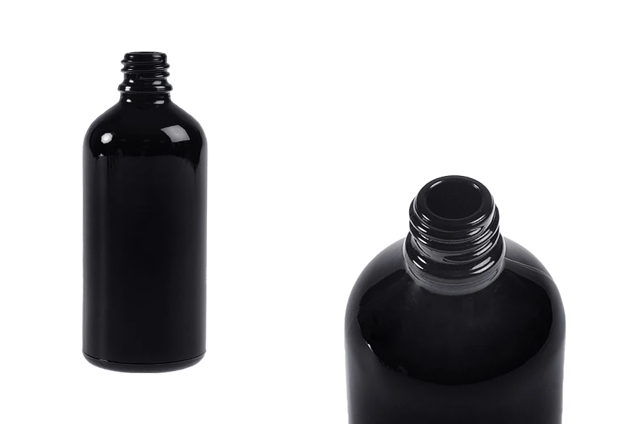 Staklena crna bočica za etarska ulja 100mL, sa grlom PP18
