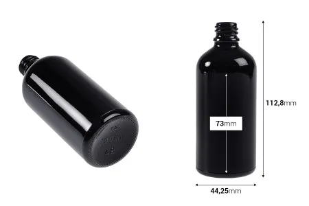 Staklena crna bočica za etarska ulja 100mL, sa grlom PP18-2