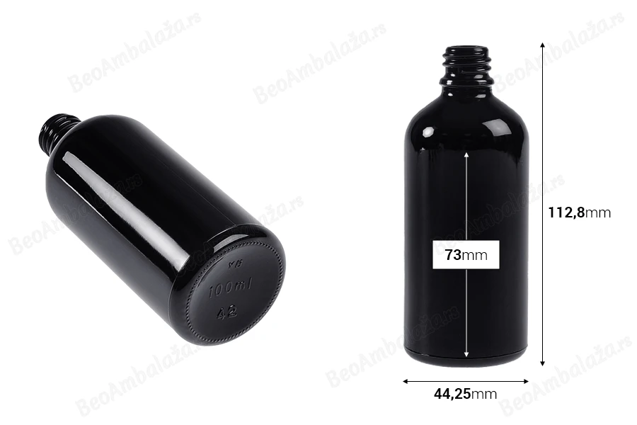 Staklena crna bočica za etarska ulja 100mL, sa grlom PP18-dimenzije_slike