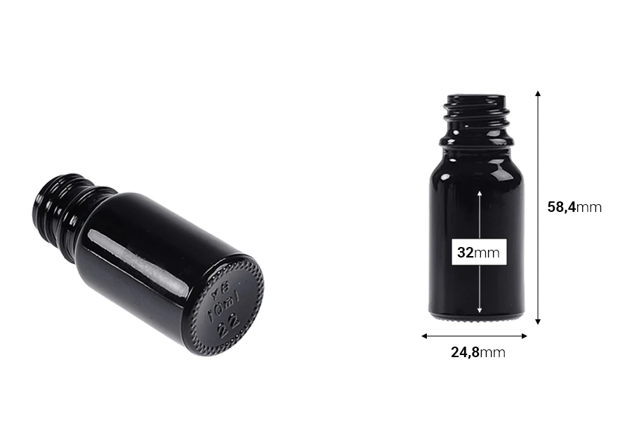 Staklena crna bočica za etarska ulja 10mL, sa grlom PP18 Staklena crna bočica za etarska ulja 10mL, sa grlom PP18-dimenzije_slike