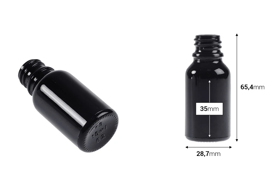 Staklena crna bočica za etarska ulja 15mL, sa grlom PP18-dimenzije_slike