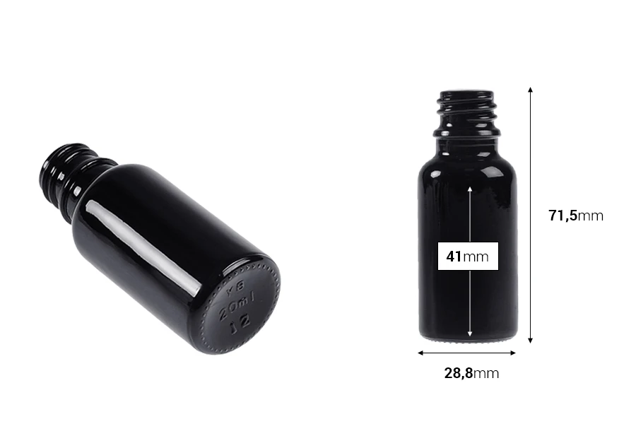 Staklena crna bočica za etarska ulja 20mL, sa grlom PP18-dimenzije_slike