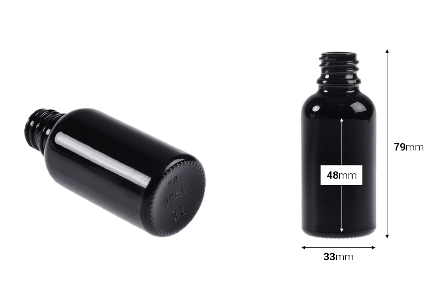 Staklena crna bočica za etarska ulja 30mL, sa grlom PP18-dimenzije_slike