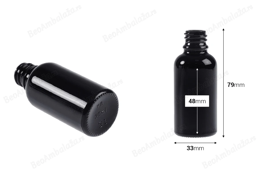 Staklena crna bočica za etarska ulja 30mL, sa grlom PP18-dimenzije_slike