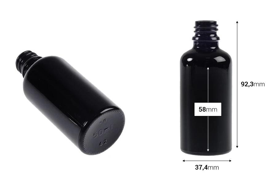 Staklena crna bočica za etarska ulja 50mL, sa grlom PP18 Staklena crna bočica za etarska ulja 50mL, sa grlom PP18