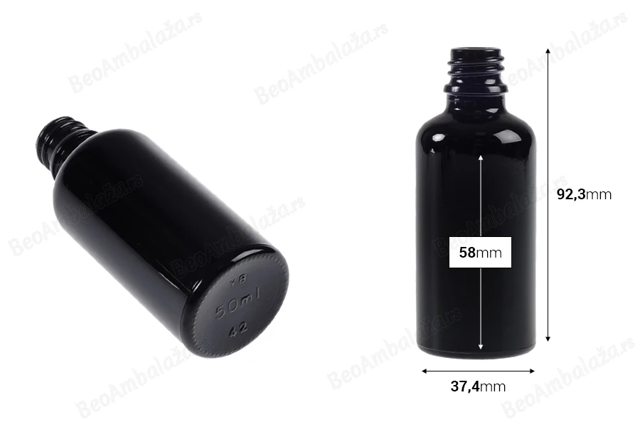 Staklena crna bočica za etarska ulja 50mL, sa grlom PP18-dimenzije_slike