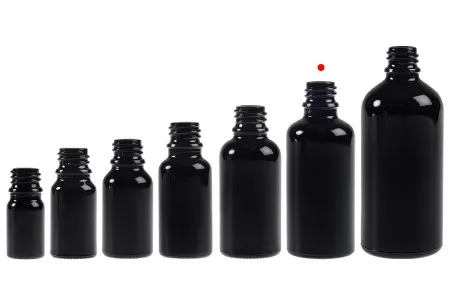Staklena crna bočica za etarska ulja 50mL, sa grlom PP18-5