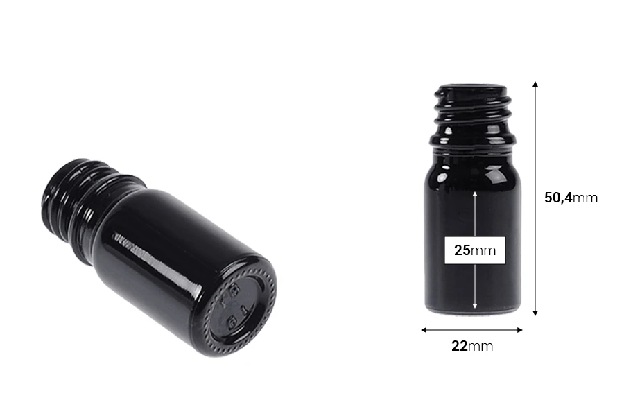 Staklena crna bočica za etarska ulja 5mL, sa grlom PP18 Staklena crna bočica za etarska ulja 5mL, sa grlom PP18-dimenzije_slike