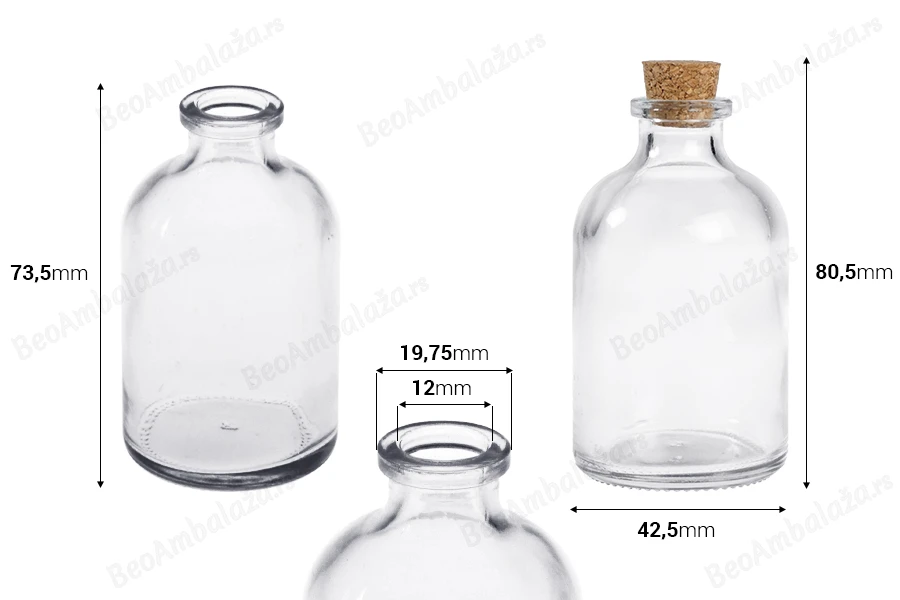 Staklena flašica 55mL sa konusnim plutanim čepom - 12 kom-dimenzije_slike