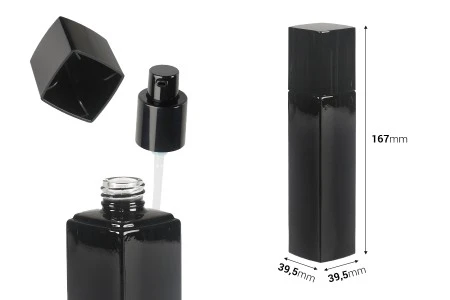 Staklena bočica 100 ml luksuzna u crnoj boji sa pumpicom za kremu i poklopcem-2