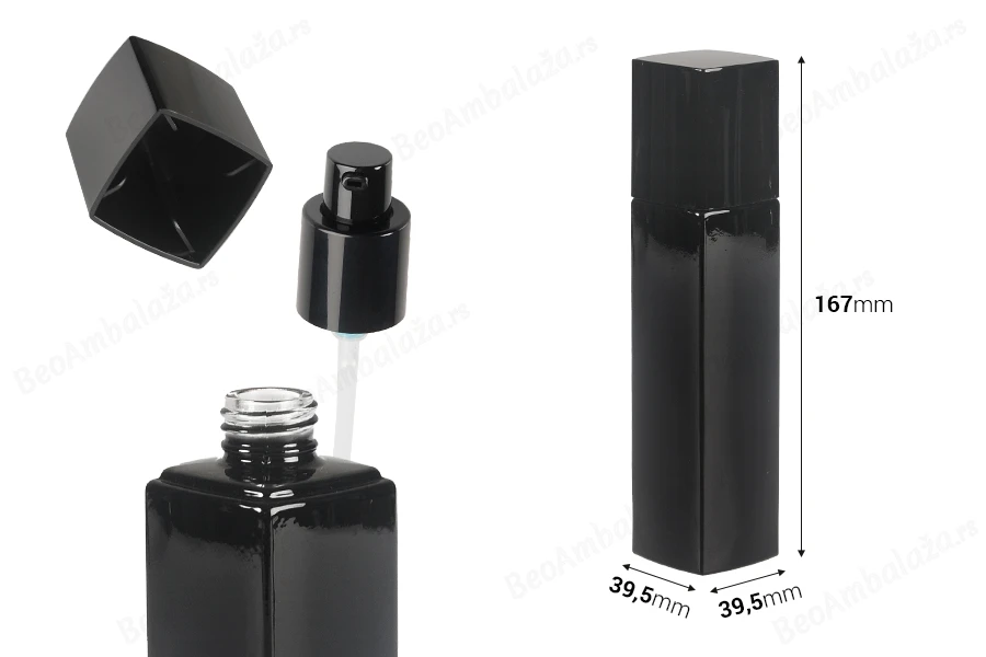 Staklena bočica 100 ml luksuzna u crnoj boji sa pumpicom za kremu i poklopcem-dimenzije_slike