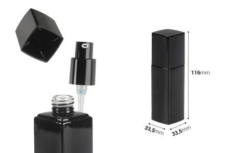 Staklena bočica 40 ml luksuzna u crnoj boji sa pumpicom za kremu i poklopcem-2