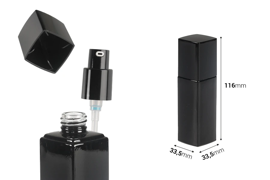 Staklena bočica 40 ml luksuzna u crnoj boji sa pumpicom za kremu i poklopcem Staklena bočica 40 ml luksuzna u crnoj boji sa pumpicom za kremu i poklopcem