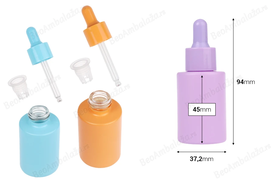 Staklena bočica od 30mL sa pipetom u MAT pastelnim bojama i sa drenažnim elementom-dimenzije_slike