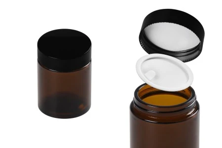 Staklena karamel tegla 100mL sa plastičnim crnim zatvaračem sa zaptivkom i međupoklopcem-1