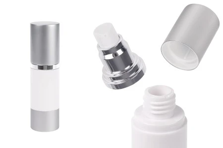 Airless flašica za kremu 30mL sa belim telom i aluminijumskim zatvaračem i osnovom u srebrnoj boji-1