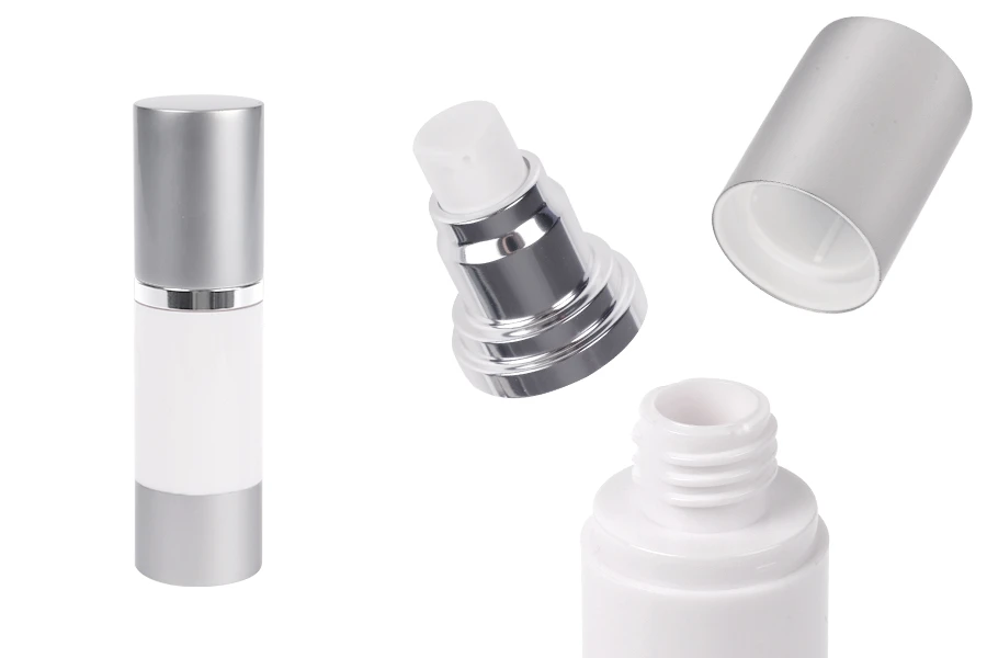 Airless flašica za kremu 30mL sa belim telom i aluminijumskim zatvaračem i osnovom u srebrnoj boji Airless flašica za kremu 30mL sa belim telom i aluminijumskim zatvaračem i osnovom u srebrnoj boji