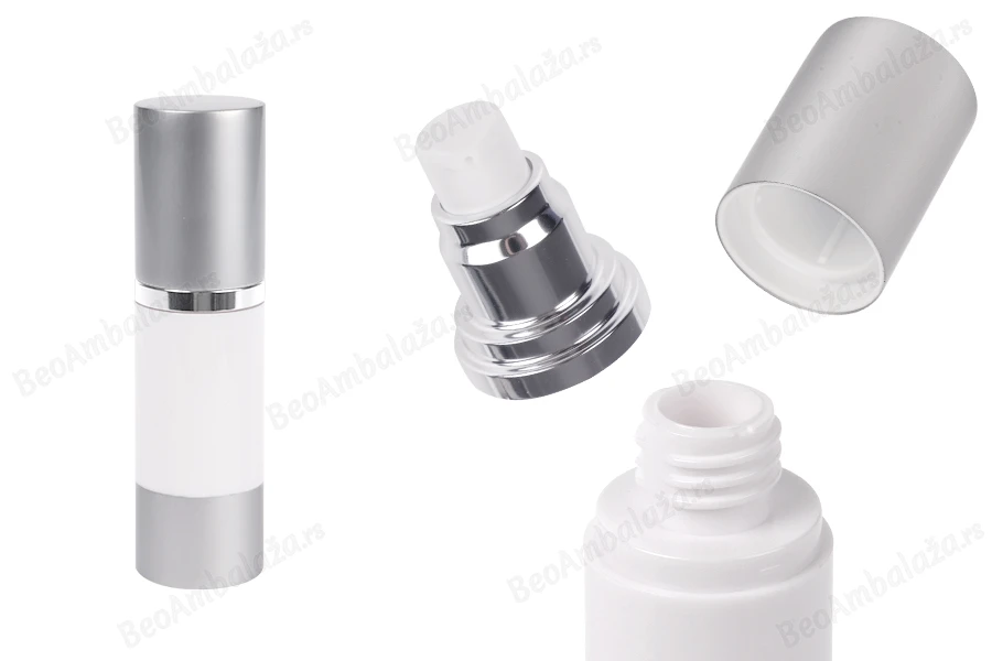 Airless flašica za kremu 30mL sa belim telom i aluminijumskim zatvaračem i osnovom u srebrnoj boji-slika_proizvoda