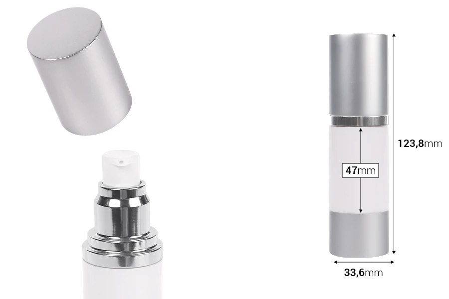 Airless flašica za kremu 30mL sa belim telom i aluminijumskim zatvaračem i osnovom u srebrnoj boji Airless flašica za kremu 30mL sa belim telom i aluminijumskim zatvaračem i osnovom u srebrnoj boji