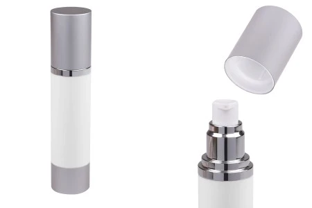 Airless flašica za kremu 50mL sa belim telom i aluminijumskim zatvaračem i osnovom u srebrnoj boji-1