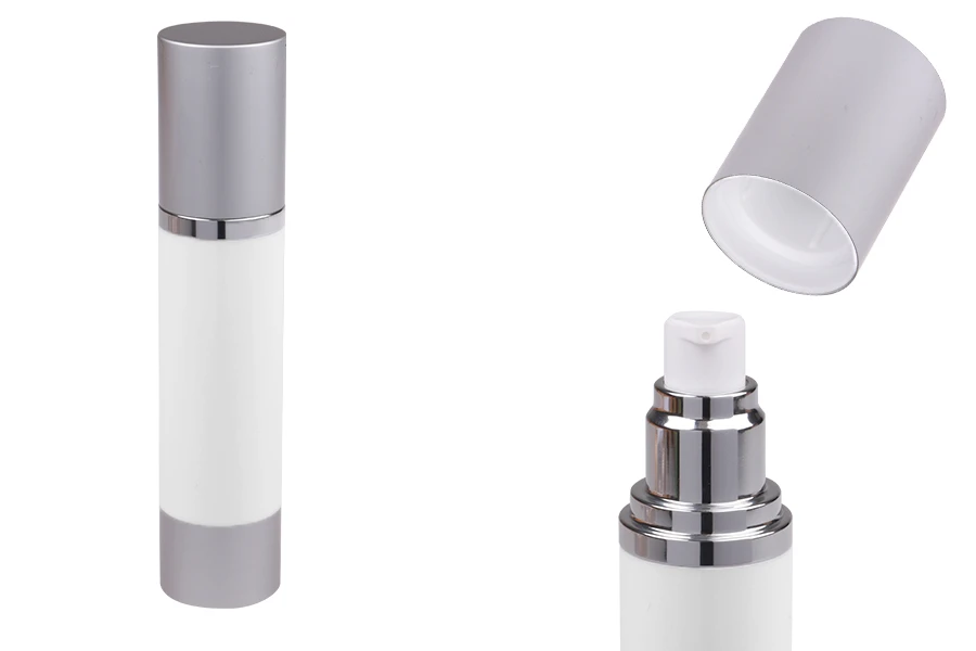 Airless flašica za kremu 50mL sa belim telom i aluminijumskim zatvaračem i osnovom u srebrnoj boji Airless flašica za kremu 50mL sa belim telom i aluminijumskim zatvaračem i osnovom u srebrnoj boji