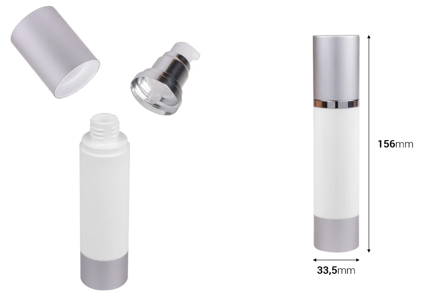 Airless flašica za kremu 50mL sa belim telom i aluminijumskim zatvaračem i osnovom u srebrnoj boji Airless flašica za kremu 50mL sa belim telom i aluminijumskim zatvaračem i osnovom u srebrnoj boji