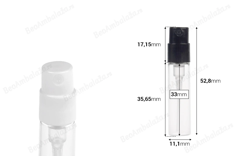 Staklena providna bočica 2 mL (na klik) sa belim ili crnim sprejom za parfemske testere - 100 kom-dimenzije_slike