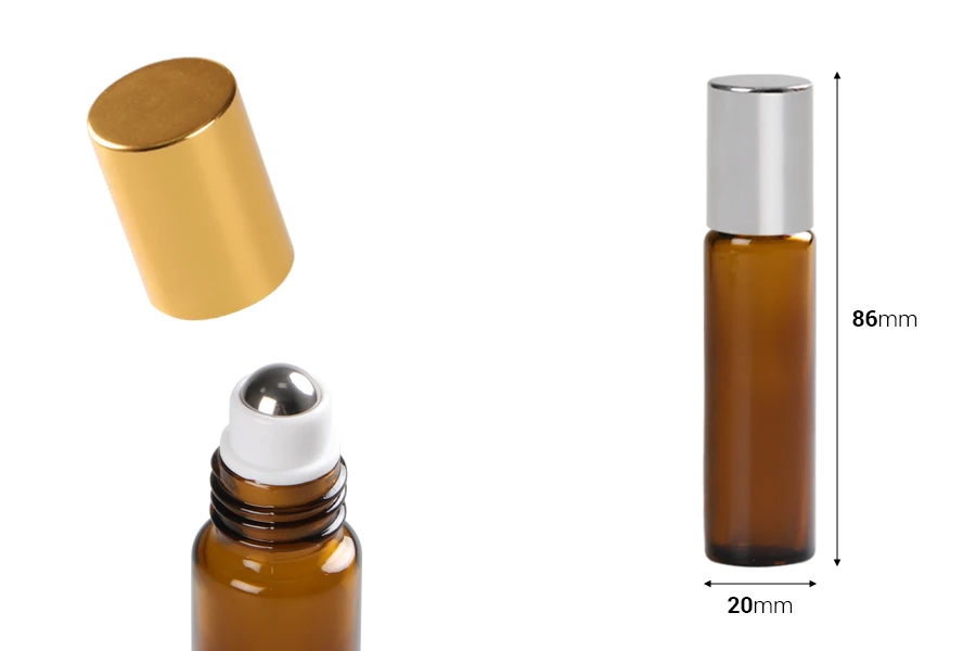Staklena braon roll-on bočica (sa metalnom kuglicom) 10mL sa zatvaračem u dve boje - 6 kom-dimenzije_slike