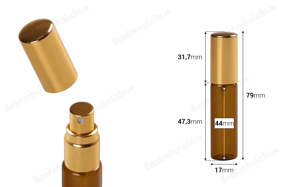 Staklena braon bočica 8mL za parfeme, sa aluminijumskim sprejom i zatvaračem - 6 kom-dimenzije_slike