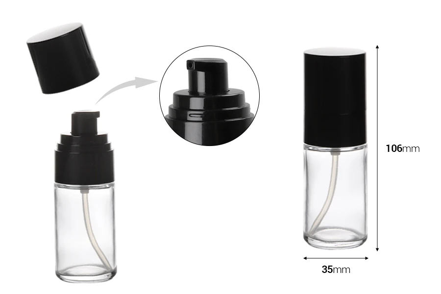 Staklena okrugla bočica 30mL za kreme sa crnom plastičnom pumpicom i crnim zatvaračem (PP18) Staklena okrugla bočica 30mL za kreme sa crnom plastičnom pumpicom i crnim zatvaračem (PP18)