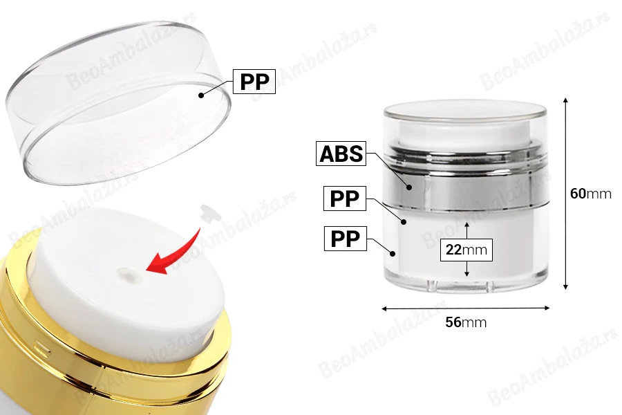 Airless plastična teglica 15mL sa providnim zatvaračem i srebrnim ukrasem-dimenzije_slike