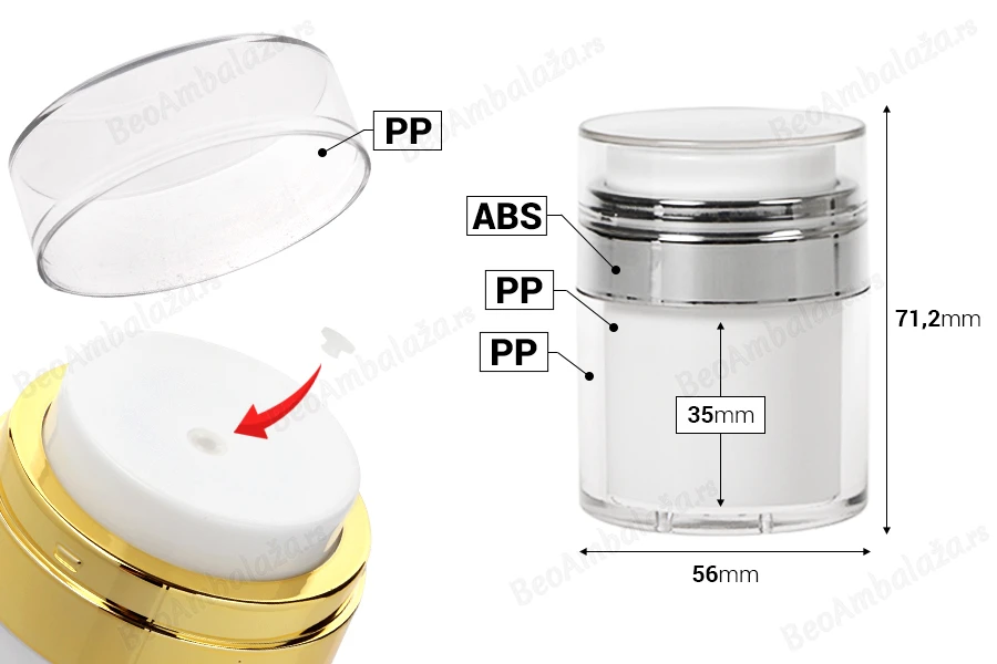 Airless plastična teglica 30mL sa providnim zatvaračem i srebrnim ukrasem-dimenzije_slike