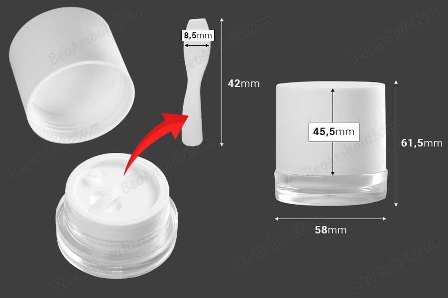 Akrilna kutijica 30mL za kremu sa plastičnim belim zatvaračem, međupoklopcem i spatulom-dimenzije_slike