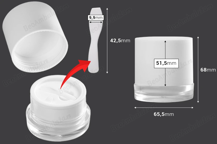 Akrilna kutijica 50mL za kremu sa plastičnim belim zatvaračem, međupoklopcem i spatulom-dimenzije_slike