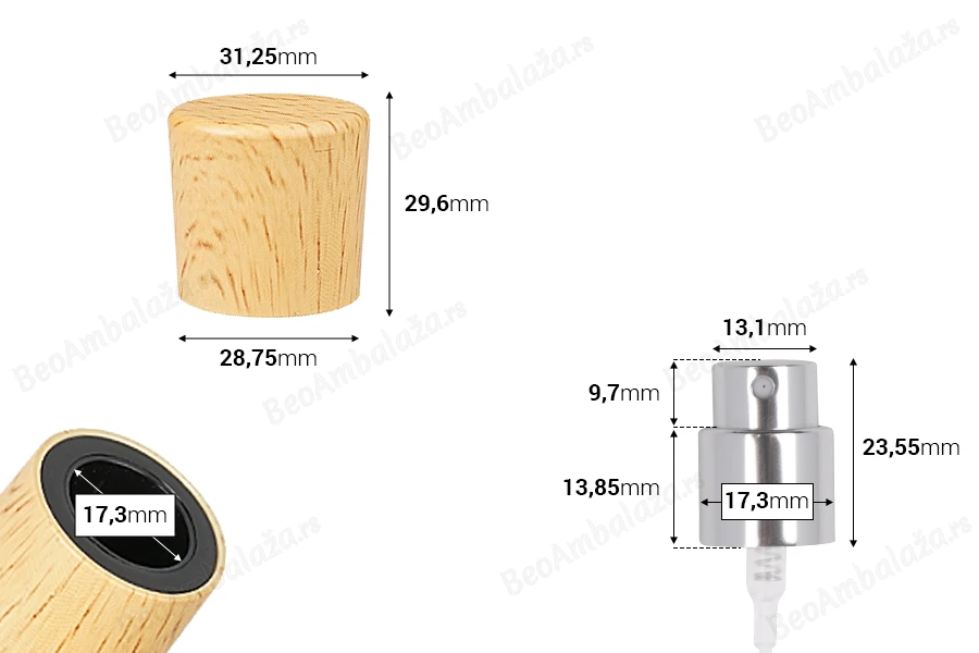 Sprej sa poklopcem u dezenu drveta za parfemske bočice sa Crimp zatvaranjem 15mm-dimenzije_slike