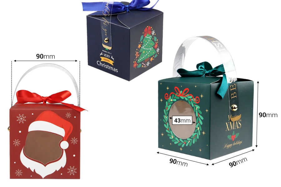 Božićna kartonska poklon kutija 90x90x90 mm sa prozorom, drškom i ukrasnom trakom - 10 kom-dimenzije_slike