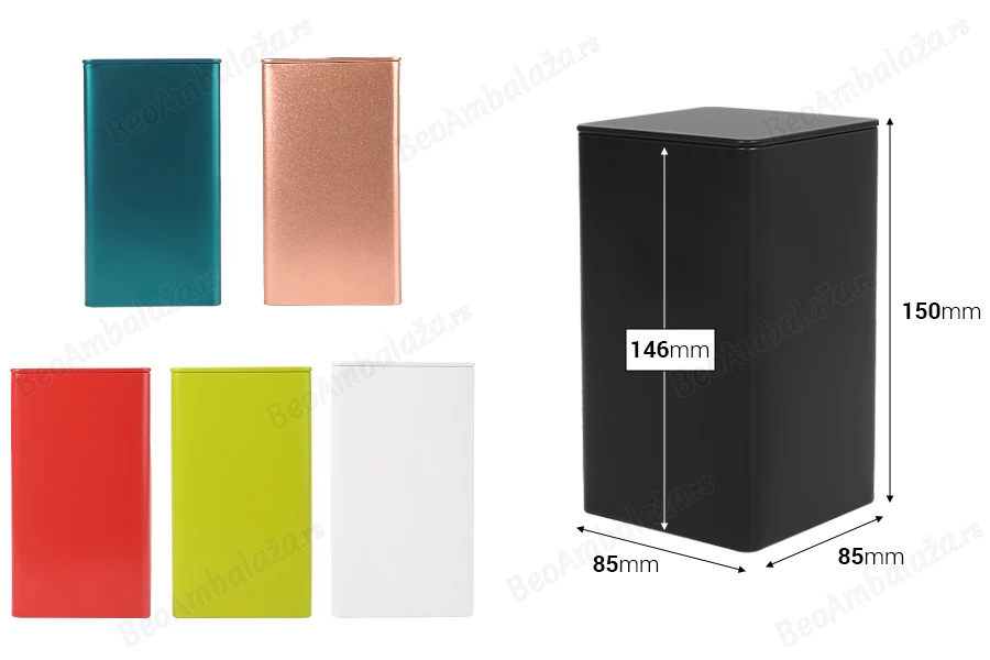 Četvrtasta metalna kutija za odlaganje 85x85x150mm, više boja-dimenzije_slike