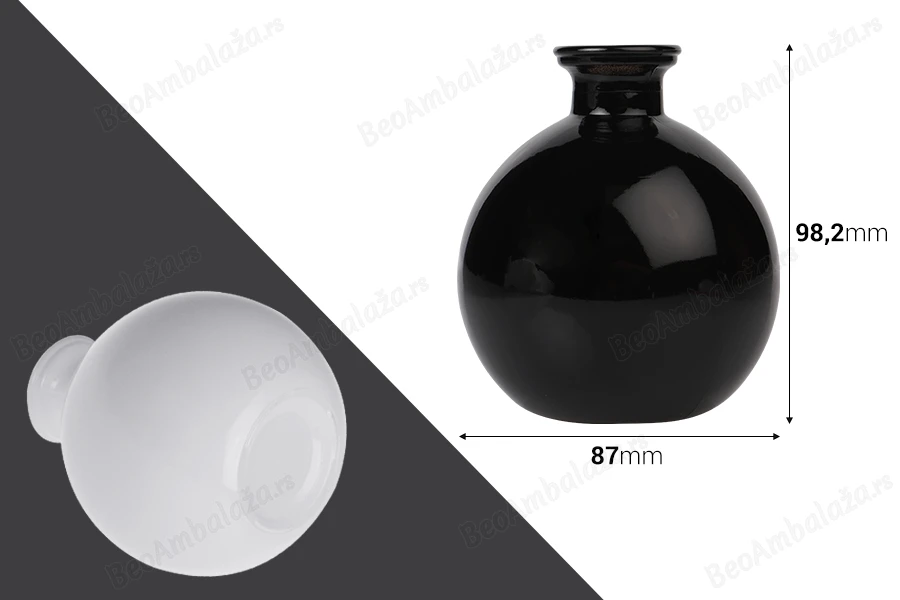 Staklena bočica 250 mL bele boje i sfernog oblika za osveživač prostora-dimenzije_slike