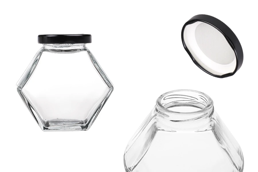 Staklena tegla 200 ml šestougaona sa crnim zatvaračem – 6 kom Staklena tegla 200 ml šestougaona sa crnim zatvaračem – 6 kom