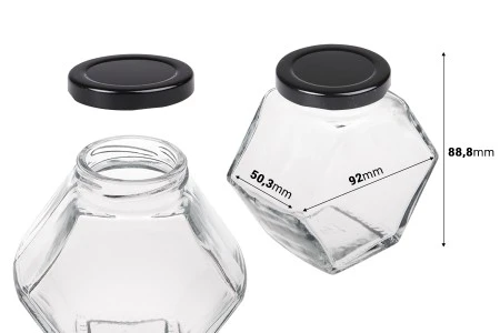 Staklena tegla 200 ml šestougaona sa crnim zatvaračem – 6 kom-2