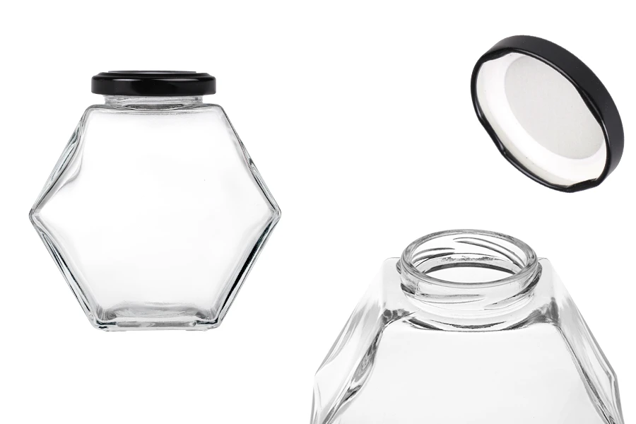 Staklena tegla 380 ml šestougaona sa crnim zatvaračem – 6 kom Staklena tegla 380 ml šestougaona sa crnim zatvaračem – 6 kom