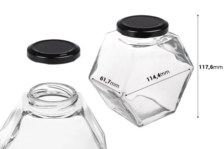 Staklena tegla 380 ml šestougaona sa crnim zatvaračem – 6 kom-2