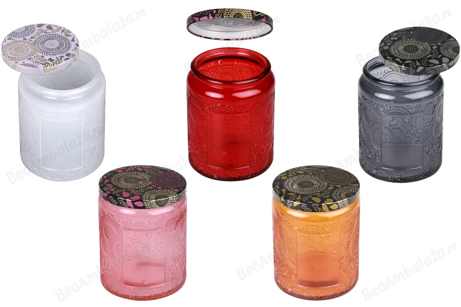 Staklena teglica sa reljefom 230 ml cilindrična sa aluminijumskim zatvaračem u različitim bojama-slika_proizvoda