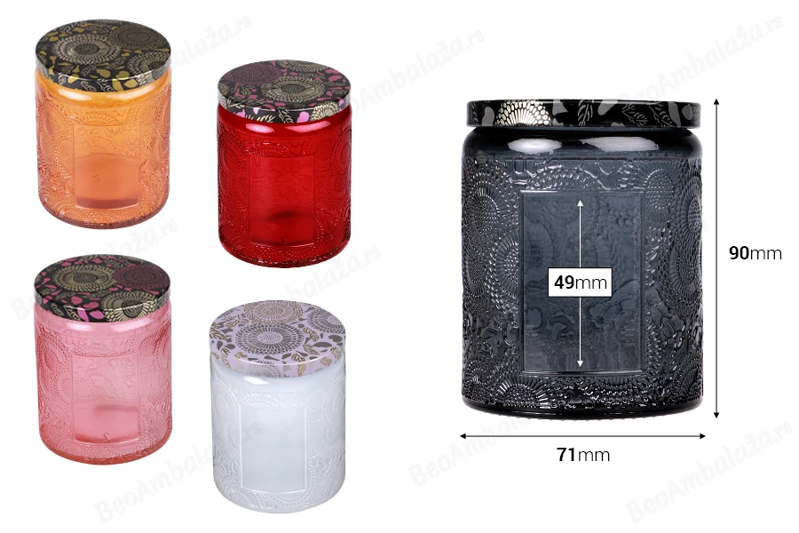 Staklena teglica sa reljefom 230 ml cilindrična sa aluminijumskim zatvaračem u različitim bojama-dimenzije_slike