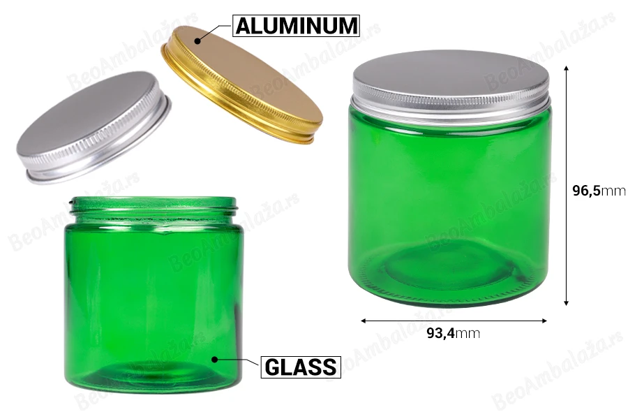 Staklena tegla 500 ml zelena sa aluminijumskim zatvaračem sa unutrašnjom zaptivkom – 6 kom-dimenzije_slike