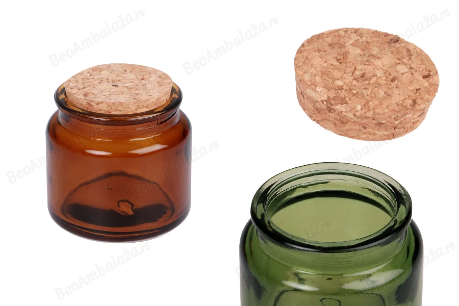 Staklena teglica karamel ili zelena 100 ml sa plutanim čepom-slika_proizvoda
