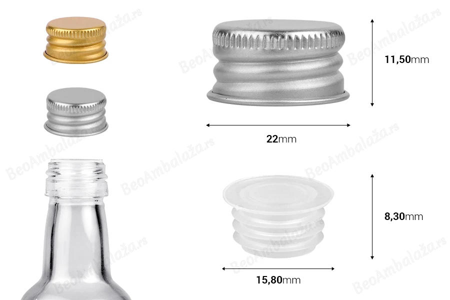Aluminijumski zatvarač sa plastičnim čepom u mat zlatnoj ili srebrnoj boji za flaše 22-1701-dimenzije_slike
